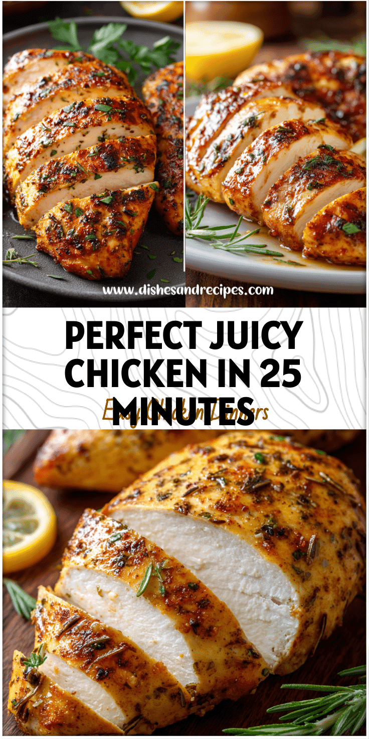 Juicy oven grilled chicken breast sliced on a plate with herbs and lemon.